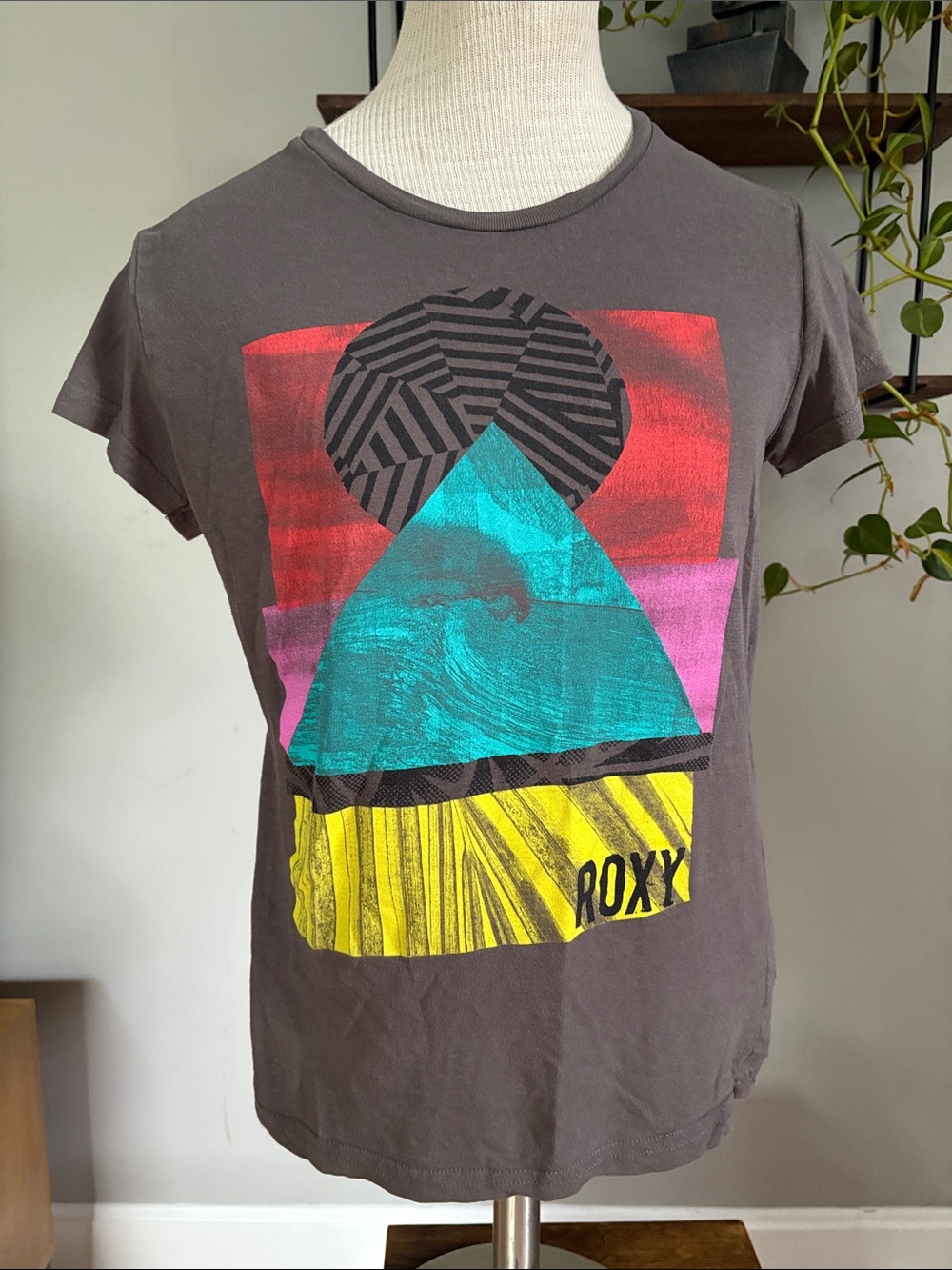 Roxy Short-Sleeve Graphic Tee - Charcoal with Turquoise, Pink, Red & Yellow
